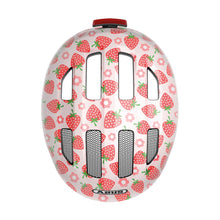 ABUS children's helmet Smiley 3.0 LED - bike helmet with light - deep fit and space for a pigtail - for girls and boys - pink with strawberry pattern,