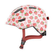 ABUS children's helmet Smiley 3.0 LED - bike helmet with light - deep fit and space for a pigtail - for girls and boys - pink with strawberry pattern,